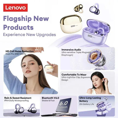Lenovo LE302 Wireless Bluetooth 6.0 Headset Long Battery Life Sports Ear Clip Earphones HIFI Stereo Noise Cancelling Headphones - Urbizia