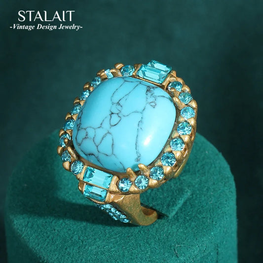 Vintage Art Deco Turquoise Ring | 18K Gold-Plated & Copper | Prong-Set Stone Design
