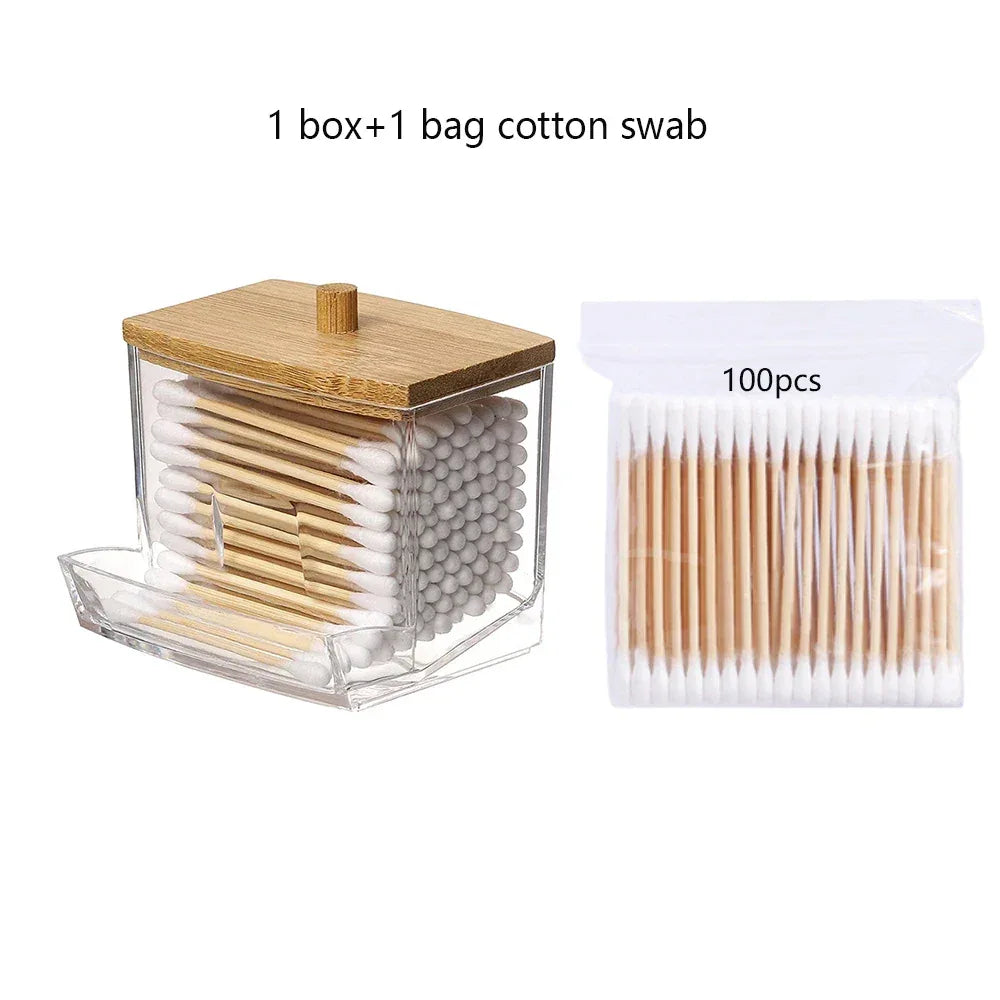Transparent Cotton Swab Storage Box with Bamboo Lid