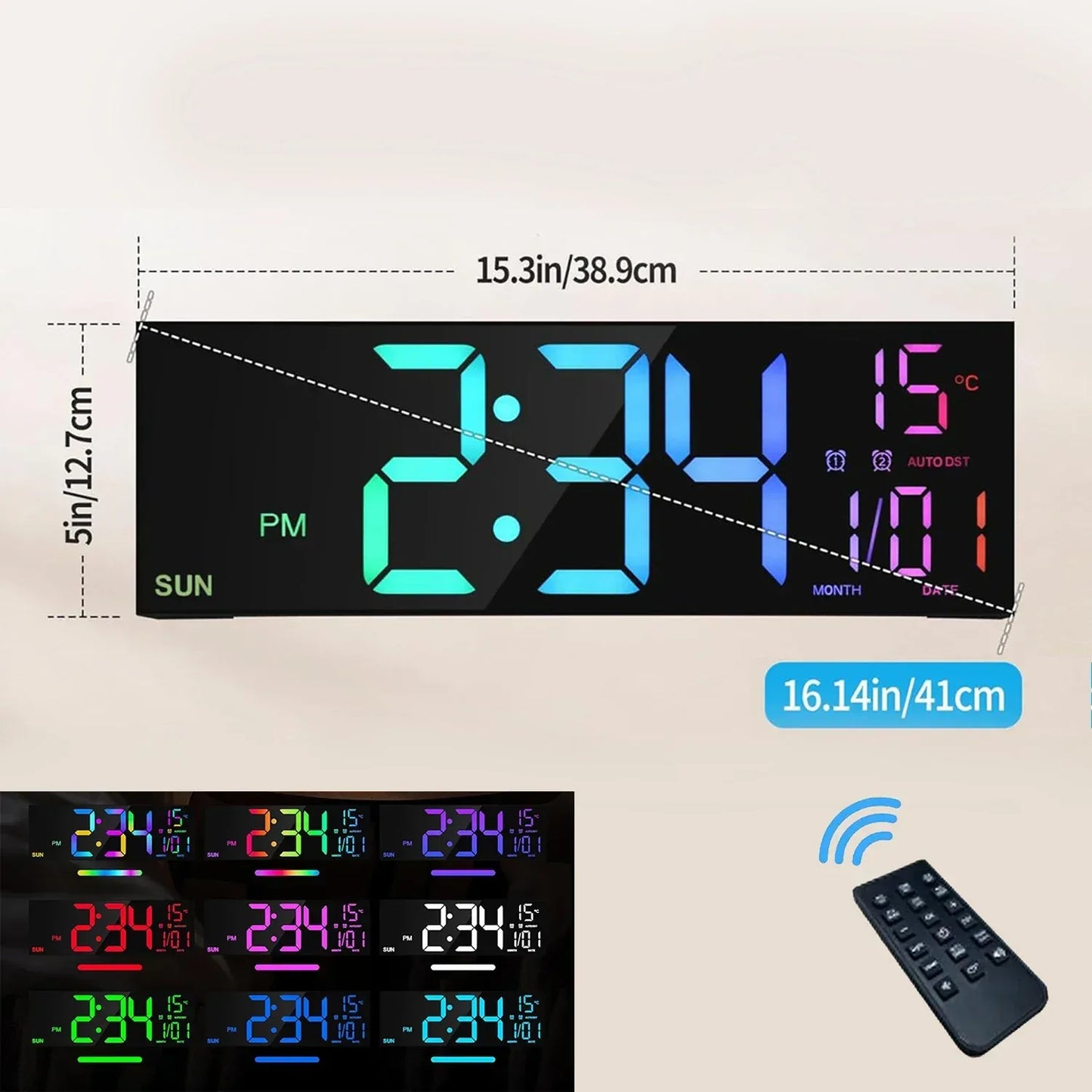16.2'' Large Digital Wall Clock with Remote Control Big LED/Dual Alarm/8 RGB Colors Digital Alarm Clock Electronic Watch - Urbizia