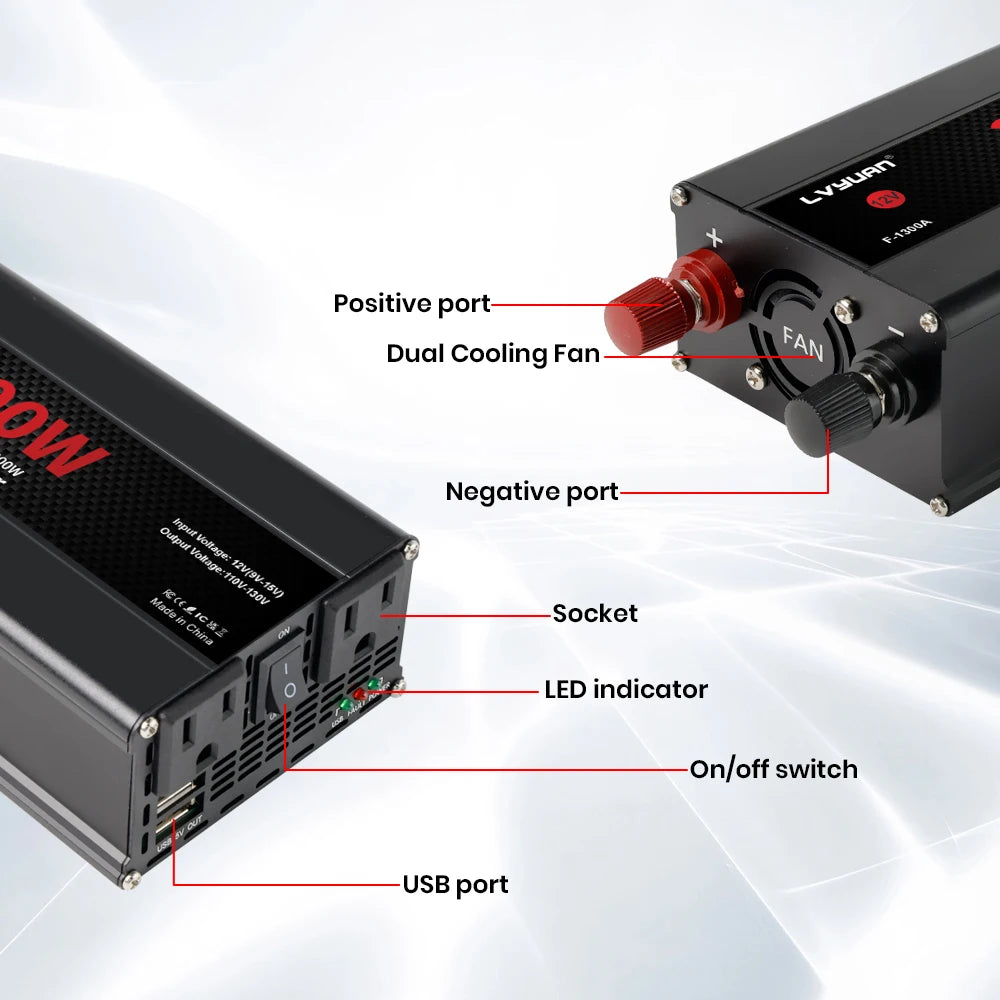2600W 2000W 1500W LVYUAN Power Inverter 12V 110V 60Hz Car Inverter Dual US Sockets&USB Output Camping/Traval/RV Power Supply