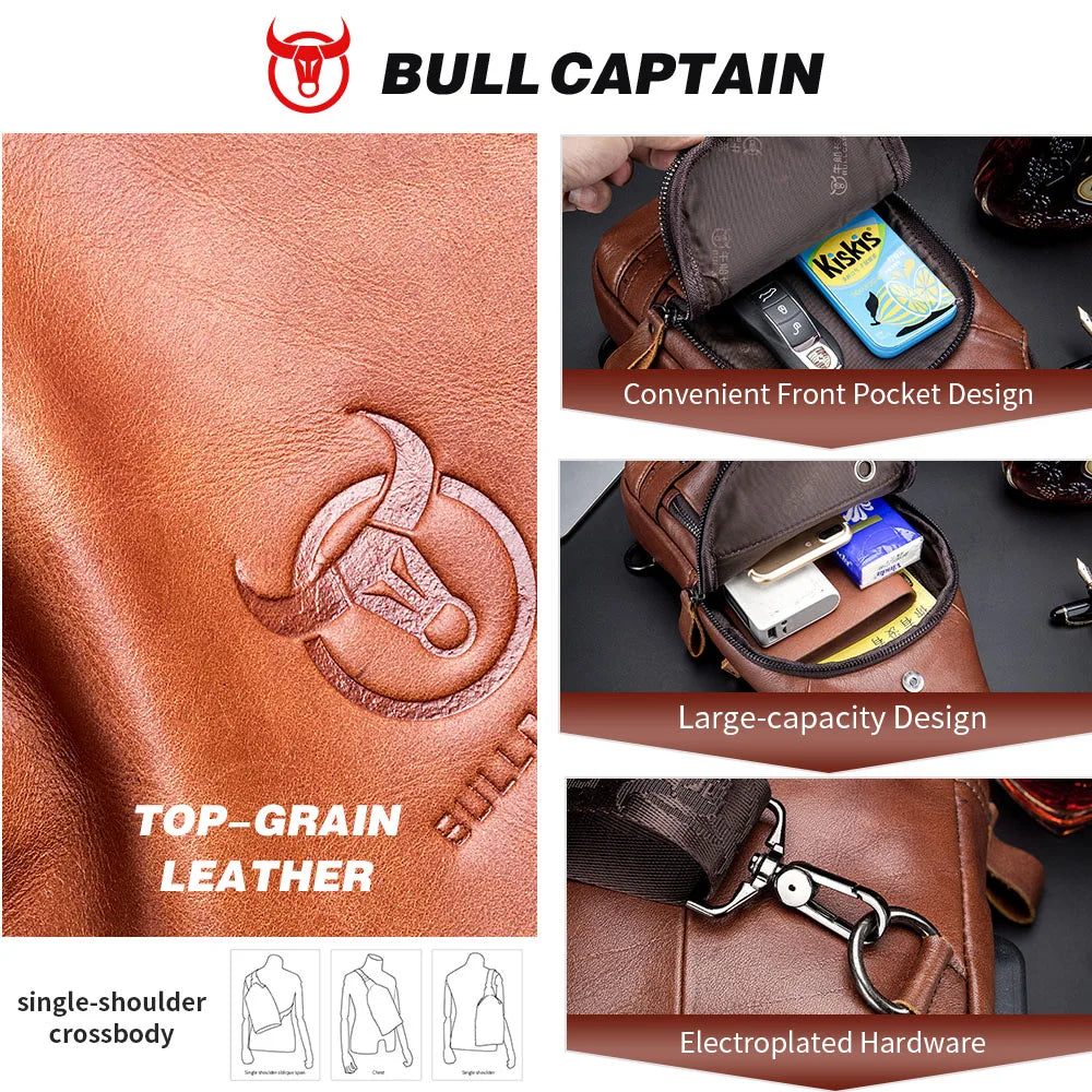 Bullcaptain Men's Usb Chest Bag 100% Genuine Leather Crossbody Shoulder Bags Multifunction Travel Outdoor Messenger Pack Fashion