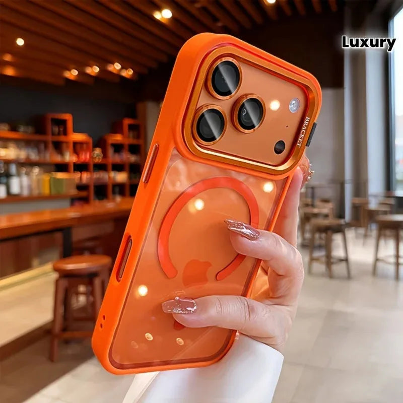 Luxury Magnetic Wireless Charging Lens Holder Case For iPhone 17 16 15 14 13 Pro Max Acrylic Shockproof Armor Transparent Cover