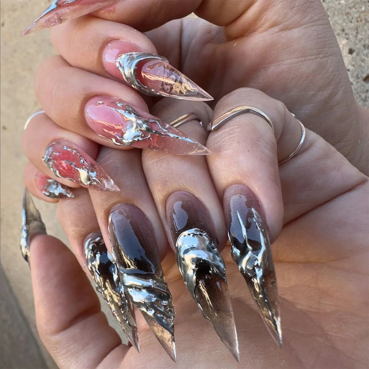 24Pcs Black Y2K Fake Nails with Diamond – Long Almond Butterfly Design Halloween Press-on Nails