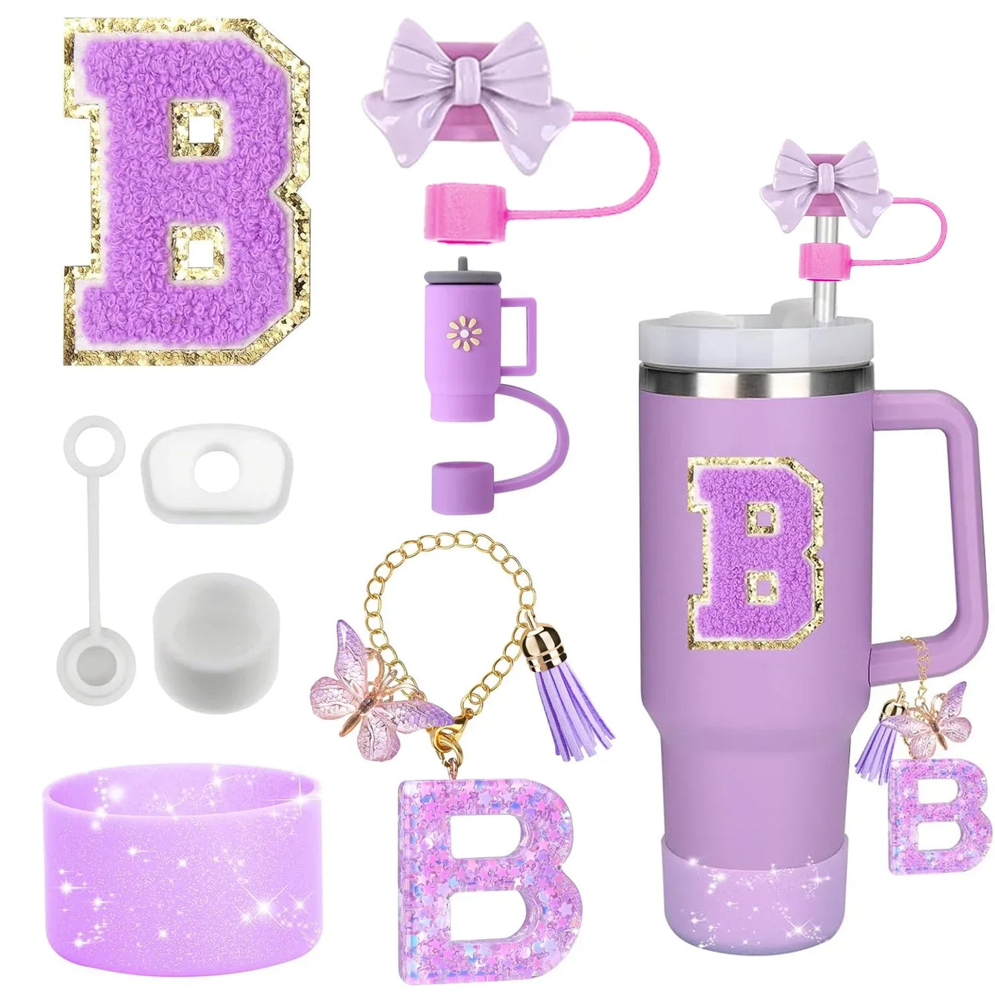8PCS Accessories Set for Stanley Cup Purple 30oz 40oz tumbler Silicone Straw Topper Cover Cap Boot Handle Charm Initials Sticker