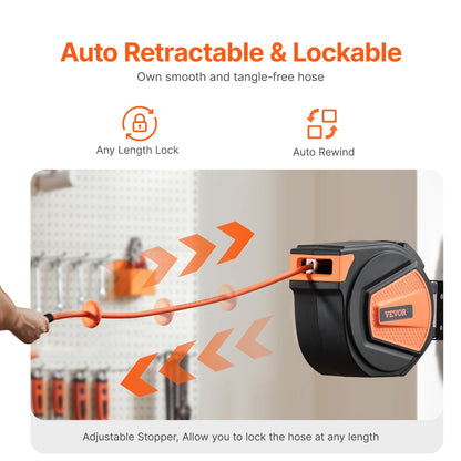 SucceBuy Retractable Air Hose Reel 3/8IN x 65FT Hybrid Air Compressor Hose Reel Auto-Rewind Ceiling/Wall Mount Enclosed PP Reel