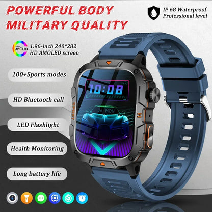 2025 New Military Grade Smart Watch Men 1.96" AMOLED Screen 5ATM Waterproof Simming Sports Fitness Tracker BT Call Smartwatches - Urbizia