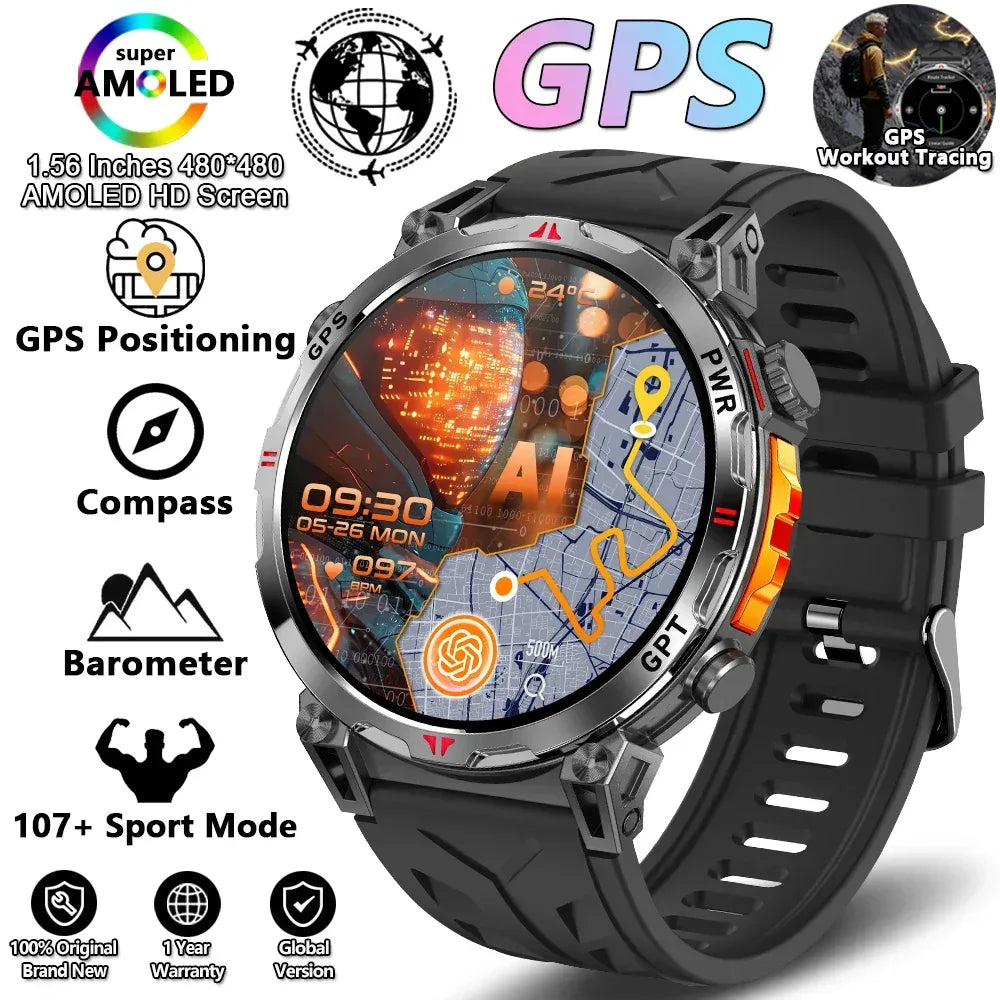 2026 New Outdoor Sports Smartwatch Men GPS Positioning 650mAh HD Call 1.56-inch AMOLED Screen Compass 5ATM Waterproof Watch Man - Urbizia