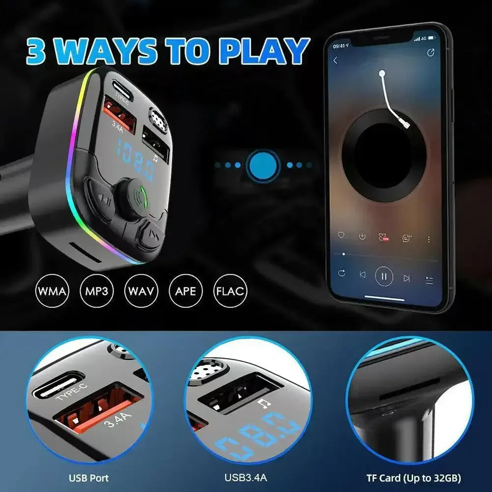Car Charger FM Transmitter Bluetooth 5.0 PD Type-C Dual USB Ambient Player Handsfree MP3 Charger Type-C Wireless Light - Urbizia
