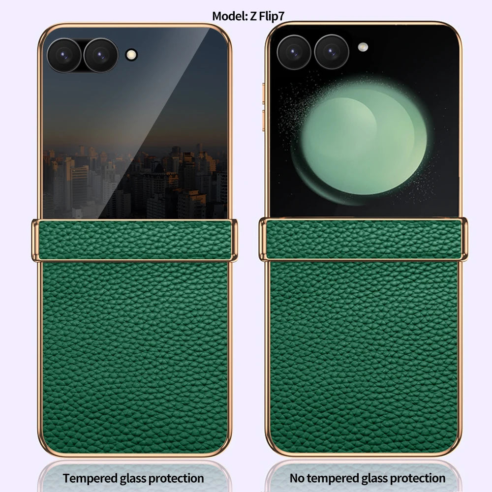 Cowhide Leather Phone Case for Samsung Galaxy Z Flip7 Flip6 Flip 7 FE 6 5 Luxury Hinge Protection Cover with Tempered Glass