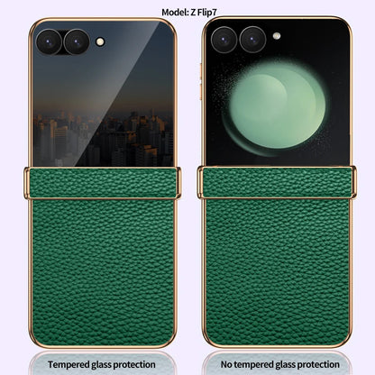 Cowhide Leather Phone Case for Samsung Galaxy Z Flip7 Flip6 Flip 7 FE 6 5 Luxury Hinge Protection Cover with Tempered Glass