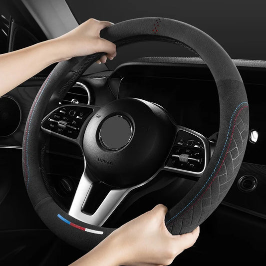 Car steering wheel cover embossed anti slip plush suede, sweat absorbing ultra-thin all season universal handle cover