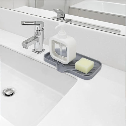 Silicone Faucet Mat Kitchen Sink Splash Drying Pad with Drain Soap Dispenser Sponge Storage Tray
