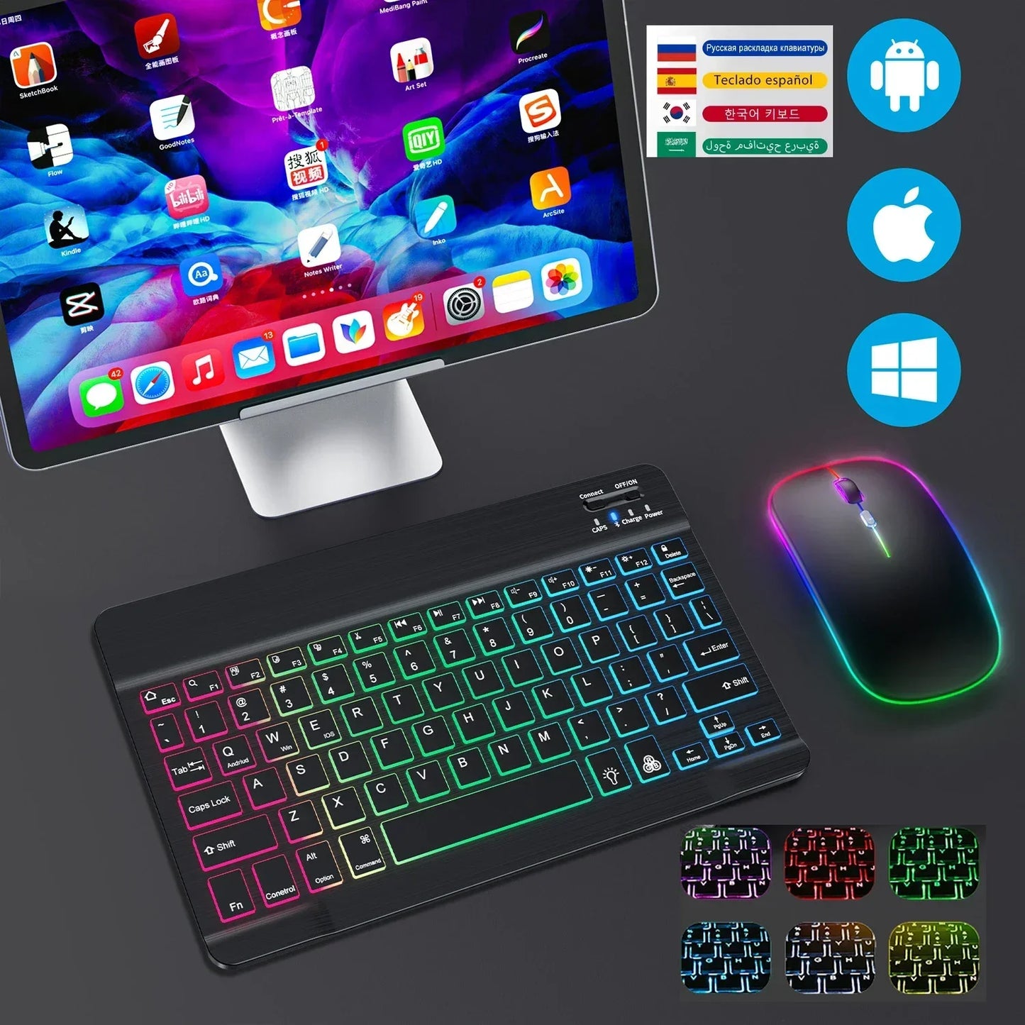 Hebrew/Russian/Spanish/Portuguese/Korean RGB Backlight Bluetooth Keyboard For IOS Android Windows iPad  Samsung Tablet Laptop