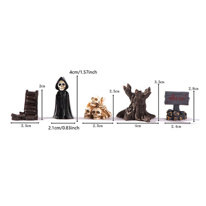 Miniature Halloween Resin Figurines – 3D Horror Raven, Tombstone, Ghost & Skull Ornaments