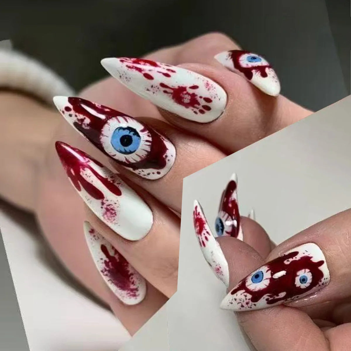24pcs Silver Spider Design Press-On Nails – Gothic Punk Almond Shaped Halloween False Nail Tips