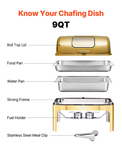 SucceBuy 9Qt Roll Top Chafing Dish Buffet Stainless Steel Chafer with Full Size Pan Visible Lid Rectangle Catering Warmer Server
