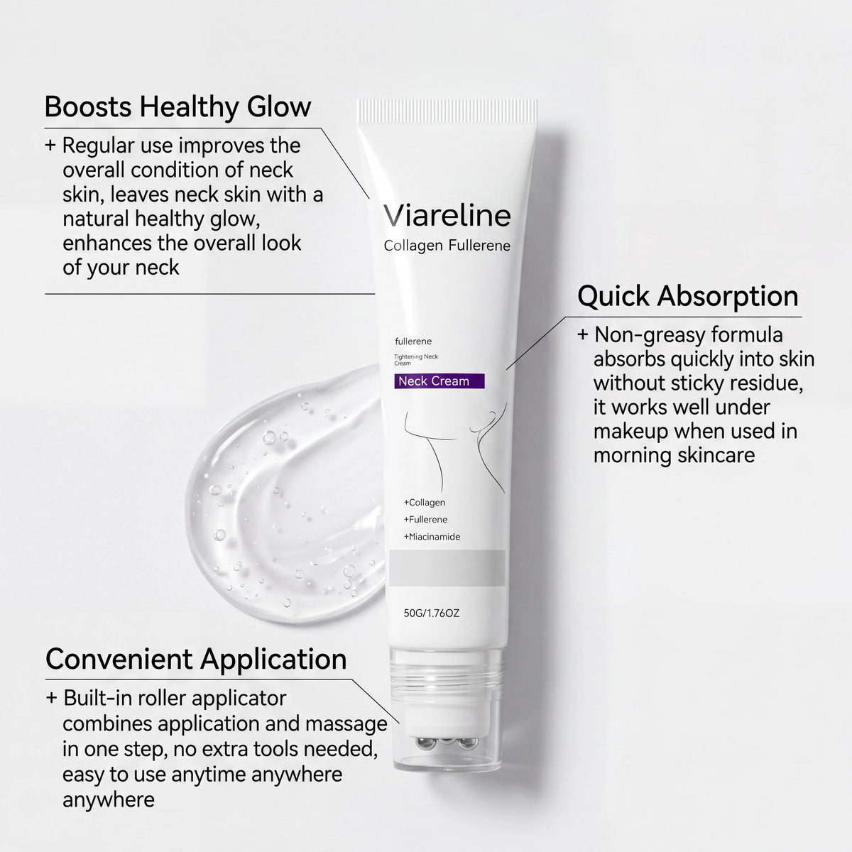 Collagen Fullerene Neck Cream Niacinamide Brightening Jawline Tighten Lift Firming Anti-Wrinkle Neck Care Moisturizing Cream with Rollers