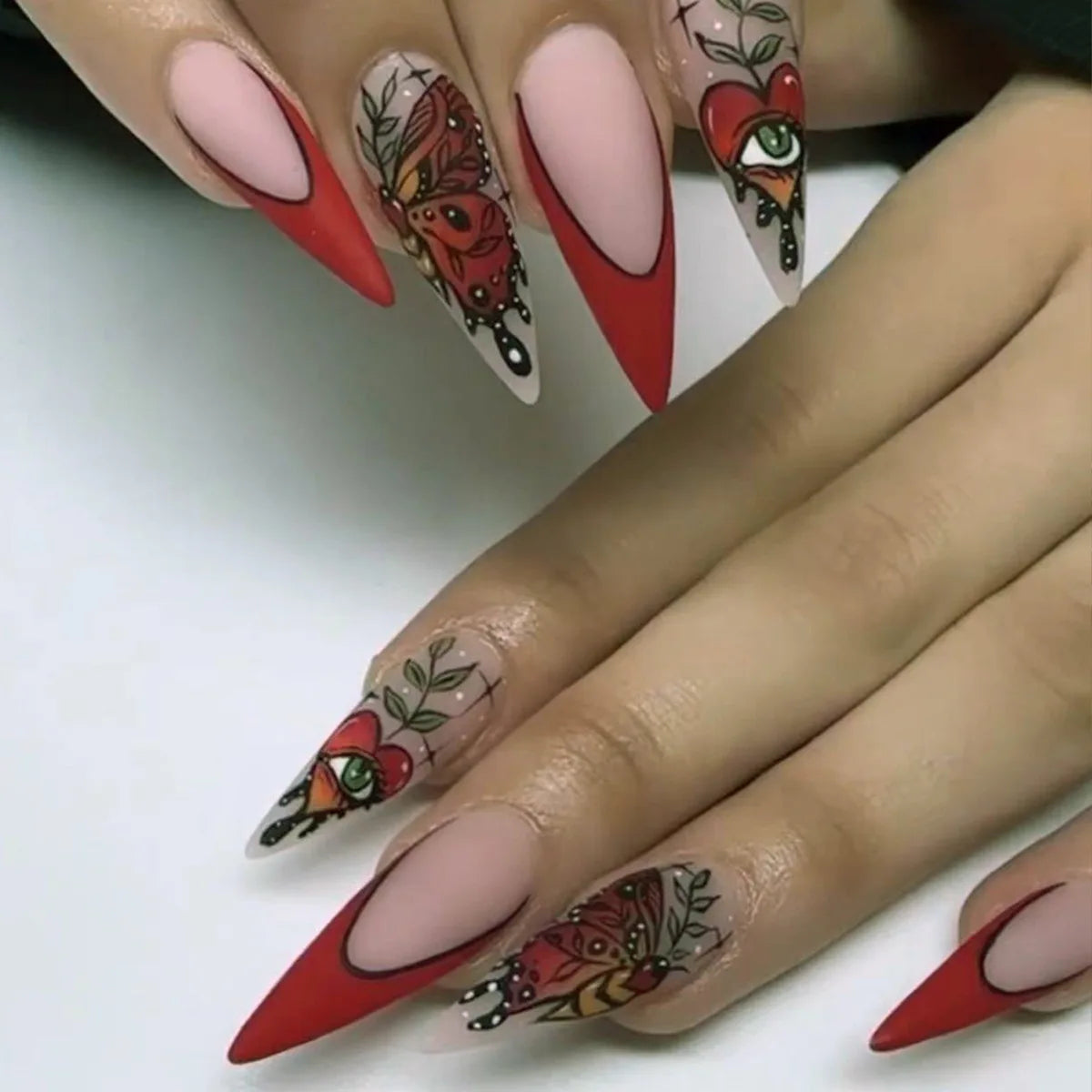 24Pcs Long Almond Fake Nails – Detachable French Ballet Halloween Press-on Full Cover Nail Tips