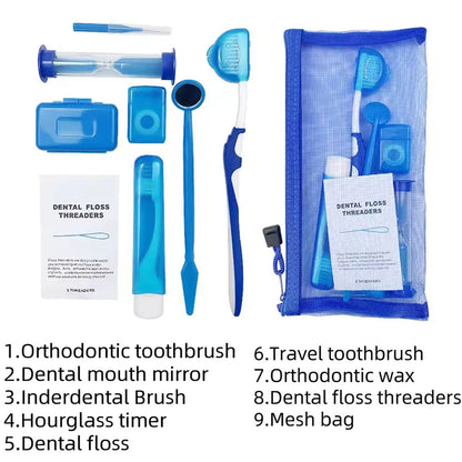 8Pcs Orthodontic Dental Care Brush Kit Teeth Cleaning Braces Toothbrush with Interdental Brush Floss Thread Ortho Wax Travel Kit
