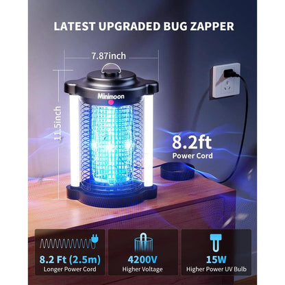 Minimoon Bug Zapper Outdoor Mosquito Zapper with Dual LED Light 4200V Fly Zapper 15W Electric Fly Traps Outdoor IPX4 Insect Trap