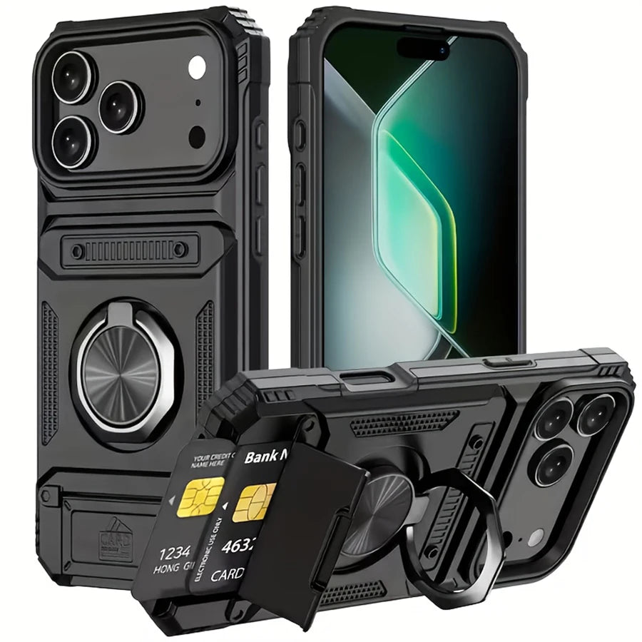 Rugged Armor Phone Case with Hidden Dual Card Slot & 360° Rotating Metal Ring Holder Kickstand, Shockproof Heavy-Duty Hard Shell with Raised Camera Protection, Compatible with iPhone 18/17 Pro Max/16/15/14/13/12/11/Plus/Aie