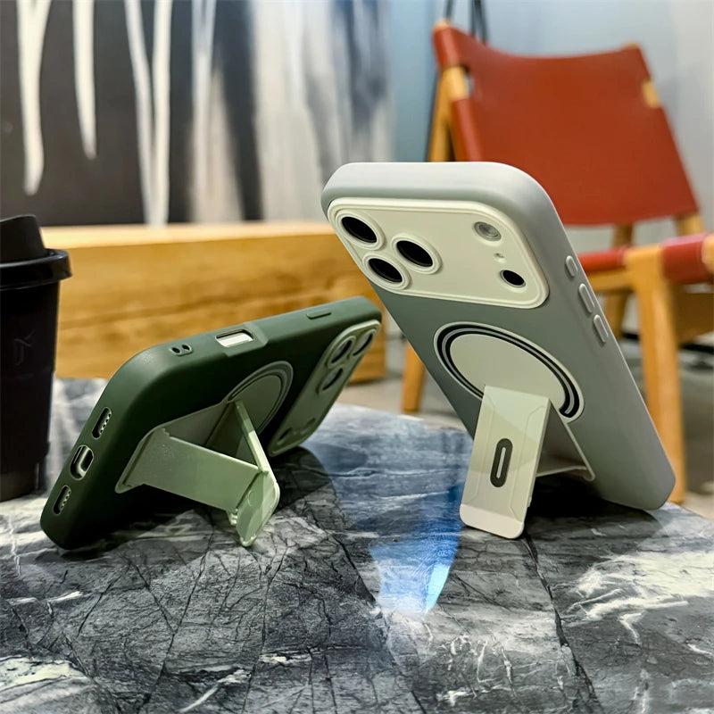 Luxury Fold Stand Holder Magnetic For Magsafe Matte Case For iPhone 17 16 15 14 13 12 11 18 Pro Max Plus Big Window Bumper Cover