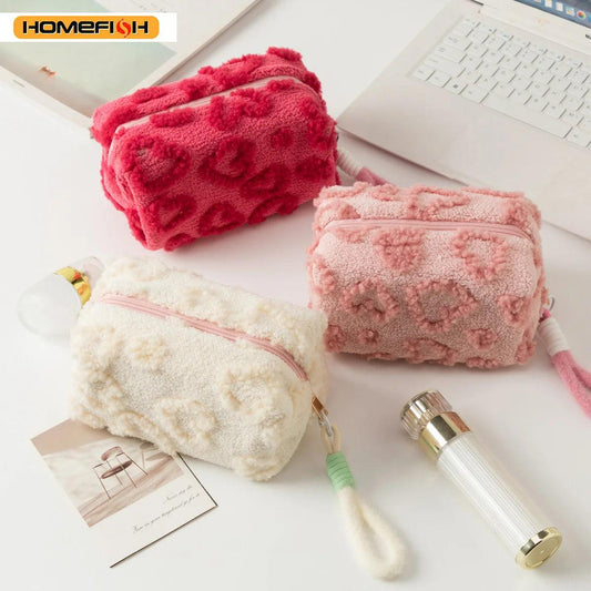HOMEFISH Makeup Bags with Handle Soft Travel Cosmetic Storage Bag Portable Love Print Organizer Pencil Case Cute Clutch Pouch