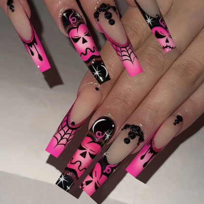 24Pcs Glitter Pink Sequins Fake Nails – Halloween Skull & Love Print Ballet Press-on Nails