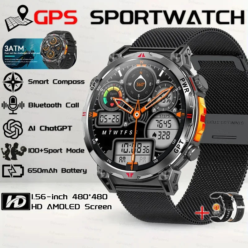 Military Grade Smart Watch Men GPS Compass Altimeter Clock 1.56" AMOLED 5ATM Waterproof Sport Fitness Tracker BT Call Smartwatch - Urbizia