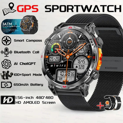 Military Grade Smart Watch Men GPS Compass Altimeter Clock 1.56" AMOLED 5ATM Waterproof Sport Fitness Tracker BT Call Smartwatch - Urbizia