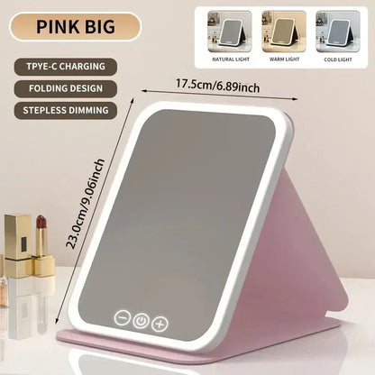 USB Rechargeable 3 Colors LED Makeup Mirror Pocket Mirror Touch Dimmable 3 Brightness Foldable for Travel Office Home - Urbizia