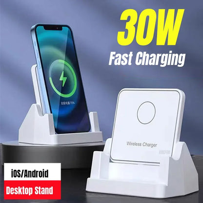 30W Wireless Charger Removable Desktop Vertical Holder Stand For iPhone 16 15 14 13 12 Samsung S25 Xiaomi 15 Quick Charging Dock - Urbizia