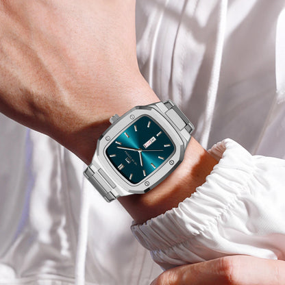 2024 New Men Watch Fashion Square Stainless Steel Strap Blue Gold 3Bar Quartz Week Calendar Simulated Business Sports WristWatch