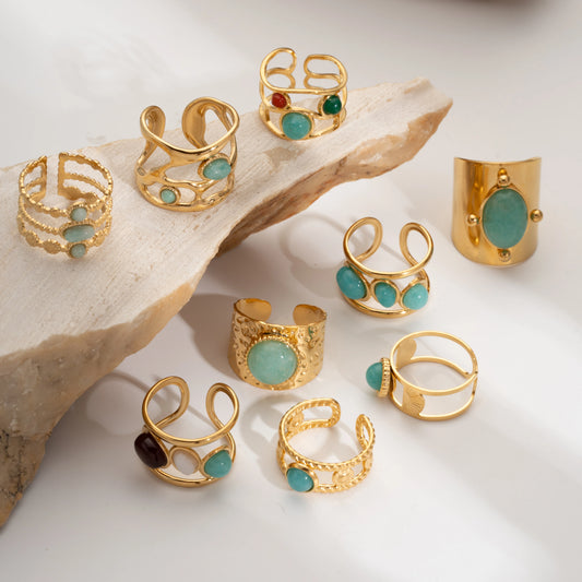 Fashion Stainless Steel Natural Stone Green Turquoise Malachite Ring Women Bohemian Stylish Big Summer Jewelry кольцо женское