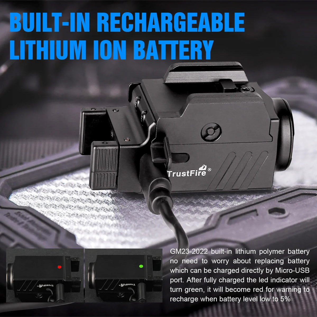 Trustfire GM23 Tactical LED Flashlights Mini Pistol Lights 800 Lumens USB Rechargeable Quick Release Handgun 1913/GL Rail