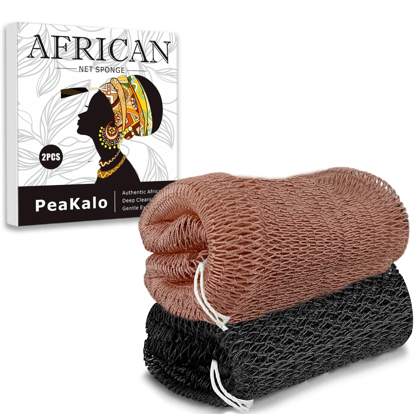 PeaKalo Authentic African Net Sponge-2Pcs Exfoliating Bath Shower Loofah Sponge, Gentle Back Scrubber for All Skin Types,Durable