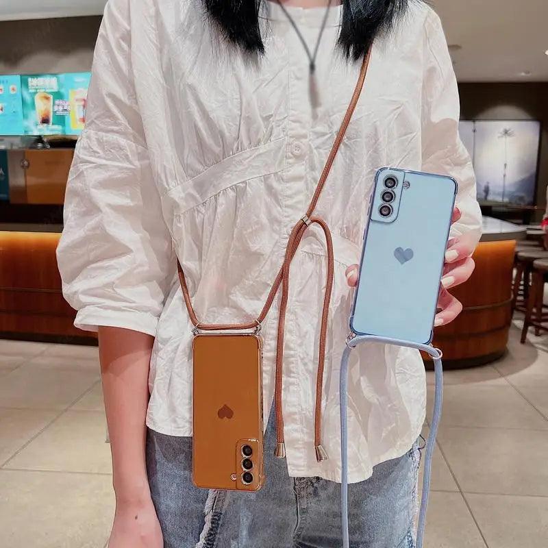 Crossbody Strap Cord Phone Case For Samsung Galaxy S26 S25 S23 S24 Ultra S24 FE A17 A57 A16 A55 5G Plating Heart Lanyard Cover