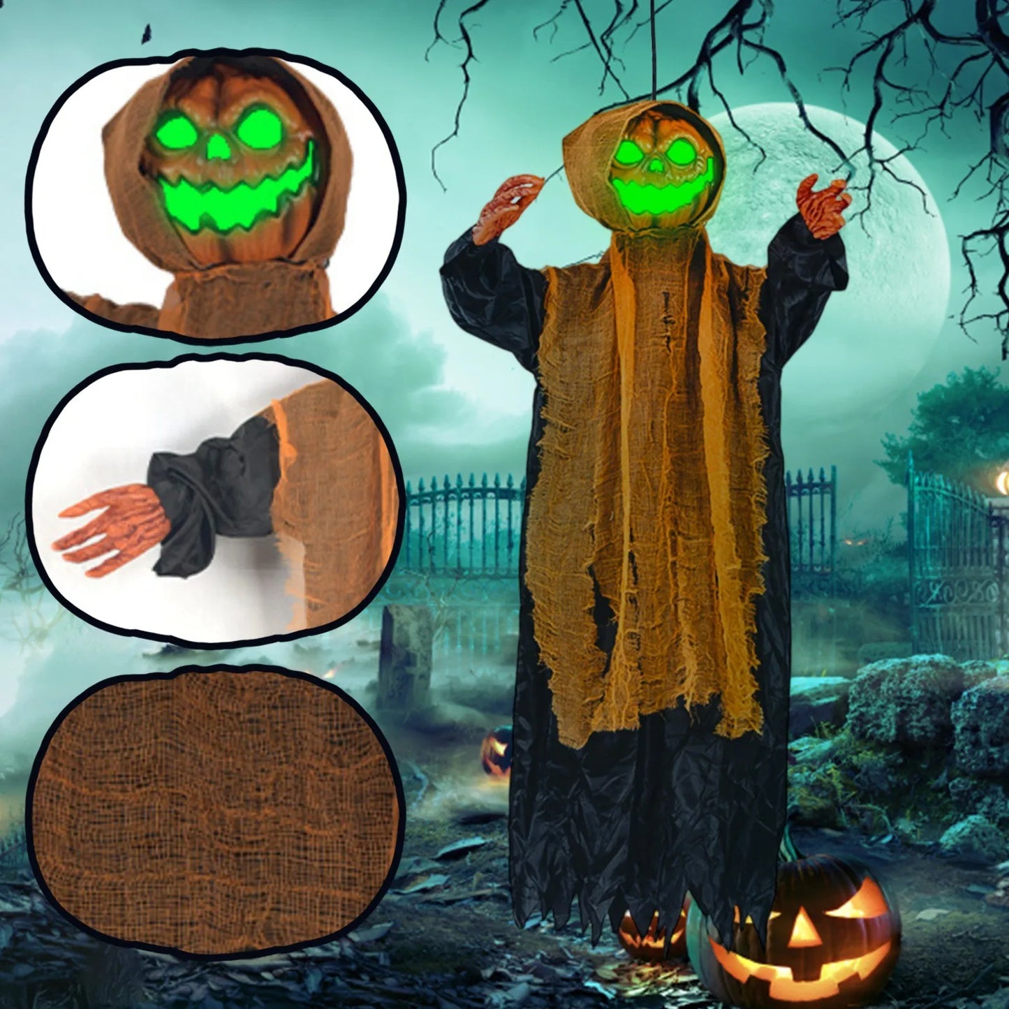 Halloween Pumpkin Ghost Decoration – Swinging, Glowing, and Sound-Activated Prop