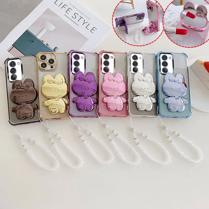 Luxury Shockproof Phone Case with Rabbit Makeup Swivel Stand Crystal Lanyard For Xiaomi Redmi 15 4G 5G 169mm 171mm Back Cover