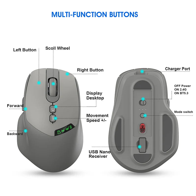 Noiseless T02 Dual Mode Wireless Mouse Bluetooth 5.0 & 2.4G, Silent Click, Large Battery Rechargeable, Battery Display