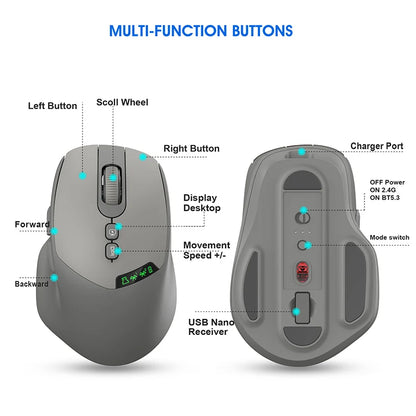 Noiseless T02 Dual Mode Wireless Mouse Bluetooth 5.0 & 2.4G, Silent Click, Large Battery Rechargeable, Battery Display