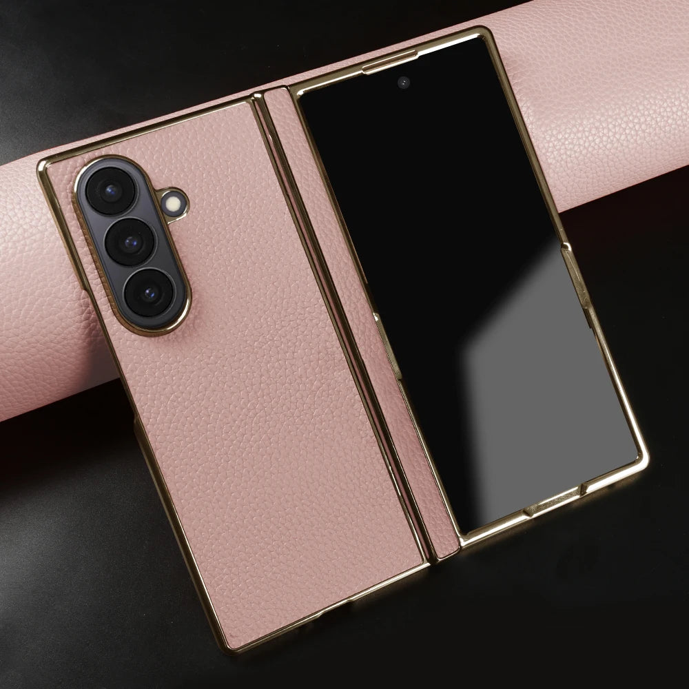 Lychee Genuine Leather Case For Samsung Galaxy Z Fold 7 6 5 4 3 phone Cover Fold7 Fold5 Fold6 fold4 fold3 Cases Funda Para Coque