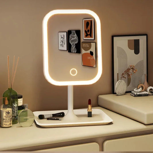 Niche Modern Desktop Vanity Mirror 3 Color Light LED Makeup Mirror Touching Mirror Women Bedroom Dressing Mirror - Urbizia