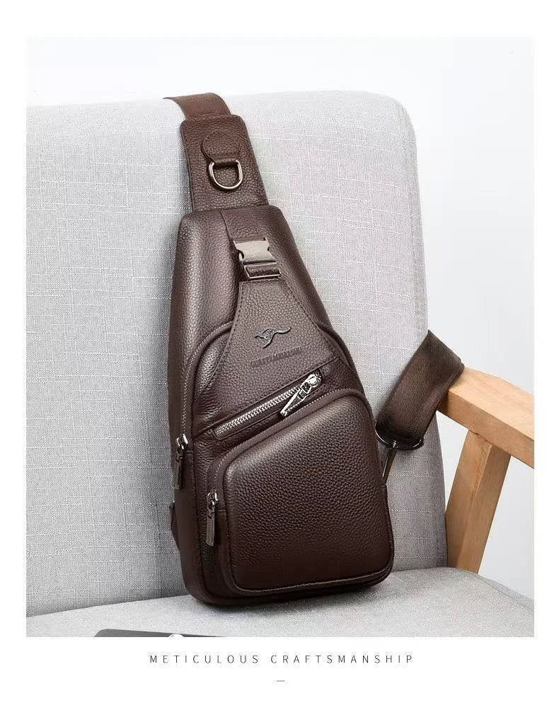 Minimalist Men's Sling Chest Bag, Pu Leather Small Crossbody Bag Ultra-Light Daypack Black/Brown Travel Chest Pack for Men