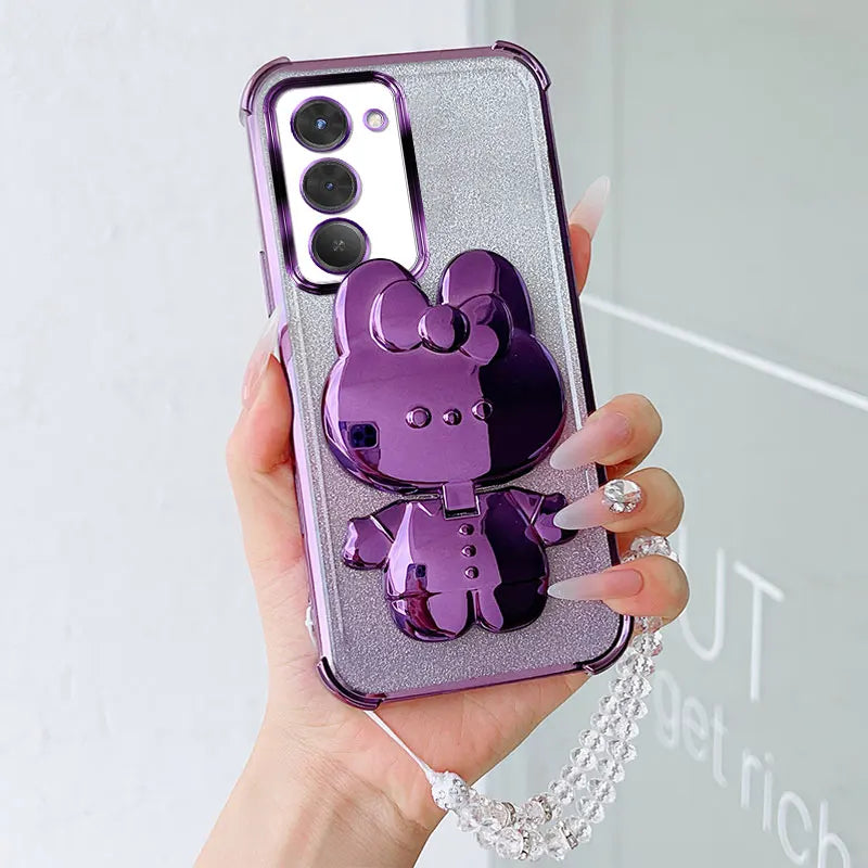 Luxury Shockproof Phone Case with Rabbit Makeup Swivel Stand Crystal Lanyard For Xiaomi Redmi 15 4G 5G 169mm 171mm Back Cover