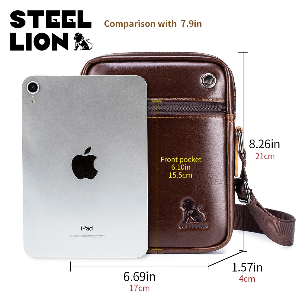 STEEL LION Men's Genuine Leather Crossbody Bag, Cowhide Business Vertical Mini Casual Shoulder Bag, Mobile Phone Bag