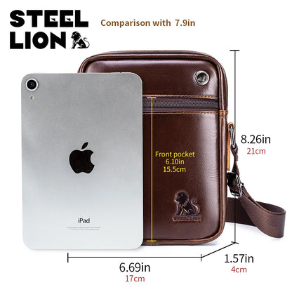 STEEL LION Men's Genuine Leather Crossbody Bag, Cowhide Business Vertical Mini Casual Shoulder Bag, Mobile Phone Bag