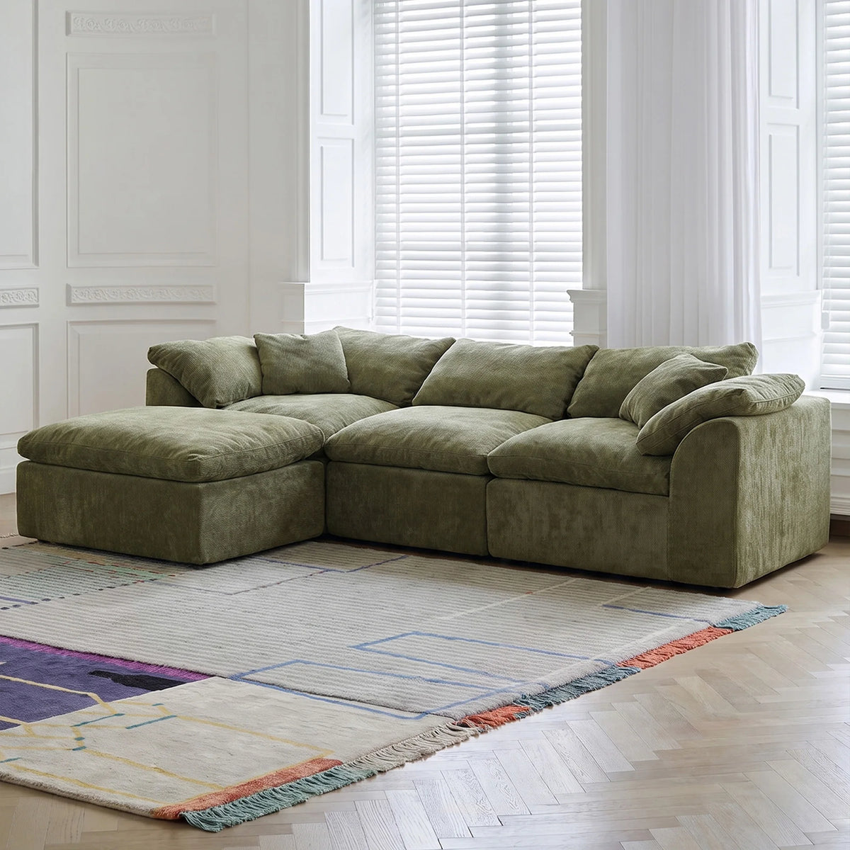 109" Modern Cloud L-Shaped 3-Seater Oversized Deep Seat Chenille Fabric Sofa White Modular Sectional with Ottoman