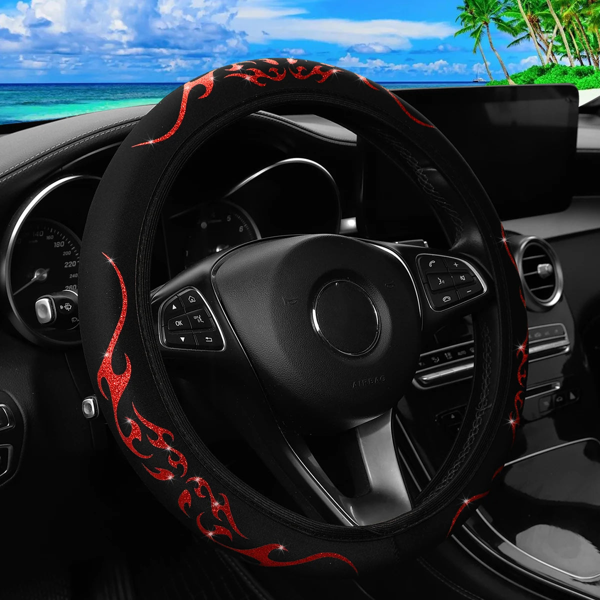 A Blingbling Flame Totem dynamic fabric car without inner ring steering wheel cover fits 14.5-15 inch automotive supplies